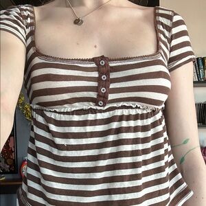 BDG Brown and Cream Striped Short Sleeve Top